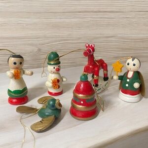 Vintage Wood Ornaments Set of 6 Handpainted Holiday Lot #2